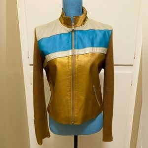 Pandemonium Metallic Gold Turquoise Leather Zip Jacket Sweater Sleeves Pockets